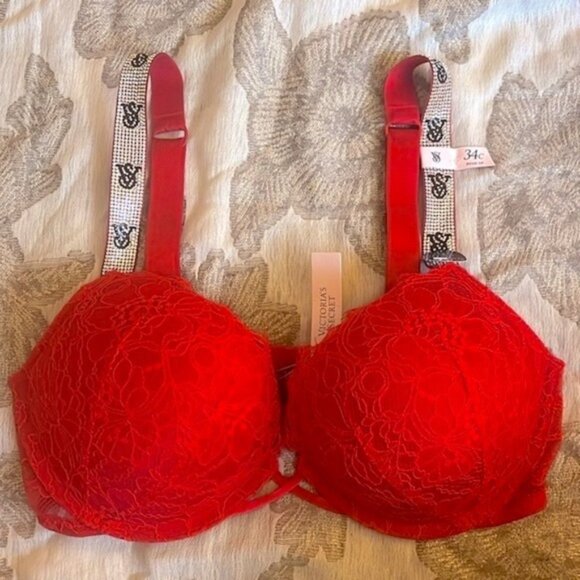 Victoria's Secret Other - Brand New Victoria's Secret Red Lace Shine Strap Bombshell Plunge Push Up Bra